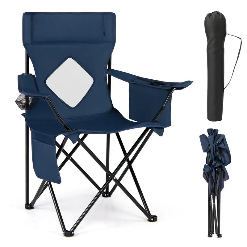 Portable Folding Camping Chair, Breathable Mesh Backrest With Sturdy Metal Frame, Cup Holder And Storage Pocket, Easy Assembly Space Saving For Patio Balcony Fishing, Blue