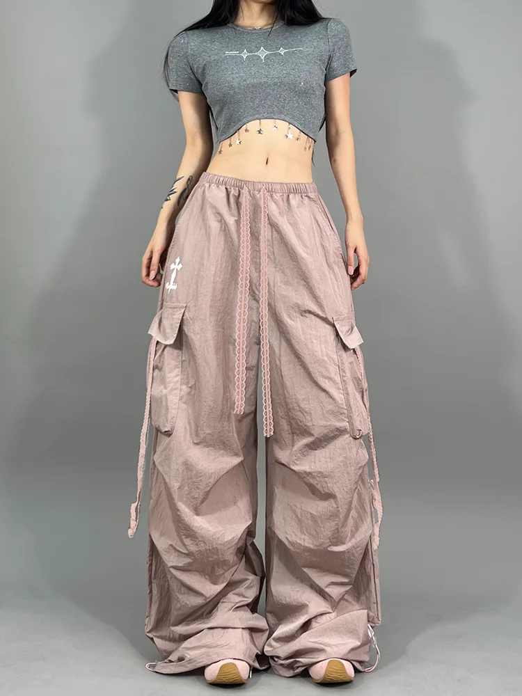 Luźne spodnie damskie w stylu jazzowym, streetwear, do pracy, amerykańskie, codzienne, asymetryczny krój, wygodny materiał nylonowy.