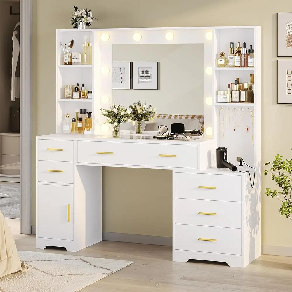 

48.8 Large Lighted Mirror Vanity Desk with Power Outlet, 6 Drawers, 4 Shelves, Storage Cabinet, Glass Top Makeup Table