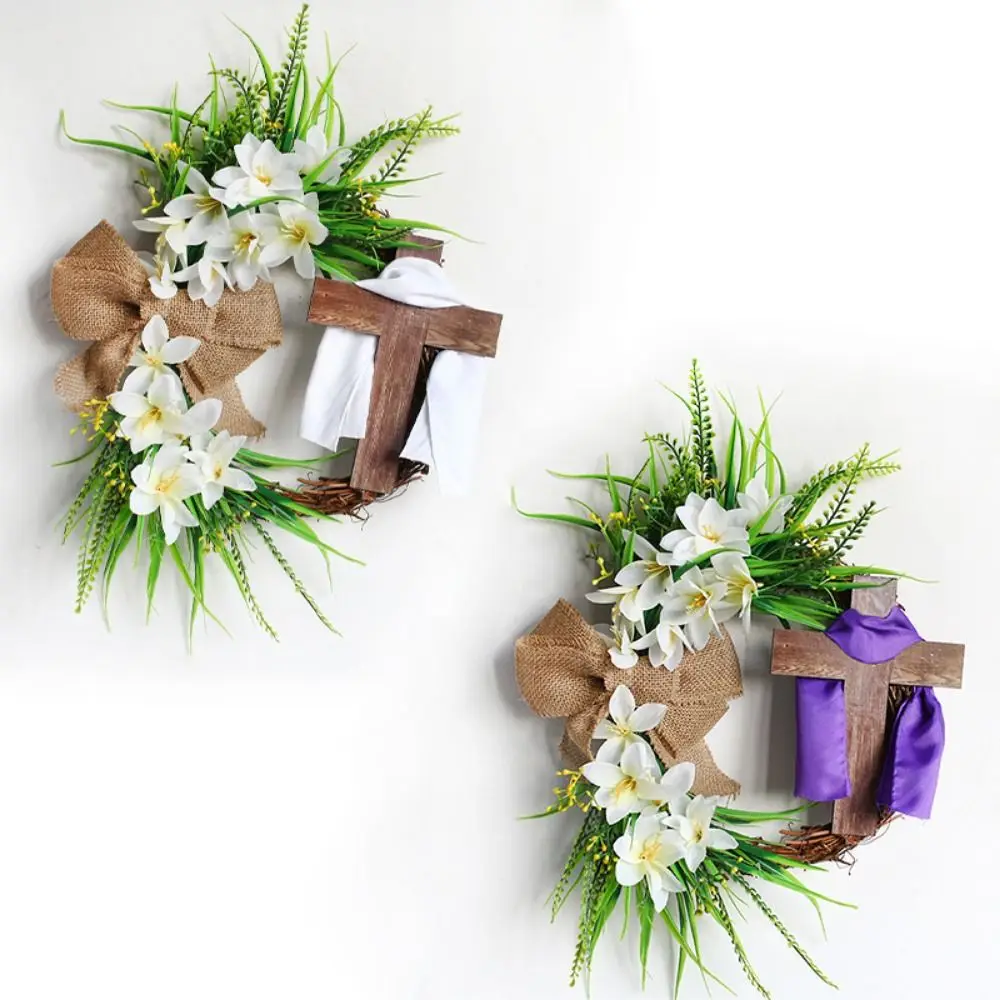 Rustic Recyclable Easter Cross Wreath Easy to Hang With Bow Easter Wreath Pendant Stable Door Hanging Ornament Outdoor