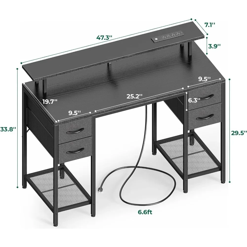 Computer Desk with 4 Drawers, Gaming Desk with LED Lights & Power Outlets, Large Storage Space Home Office Desk