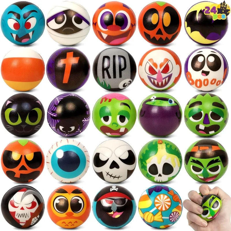 Sloosh 24 Stück Halloween-Stressbälle, langsam aufsteigende Stressabbau-Fidget-Spielzeuge, verschiedene Designs und Farben, Stressbälle für Halloween-Partygeschenke, Halloween-Spielzeug für Jungen und