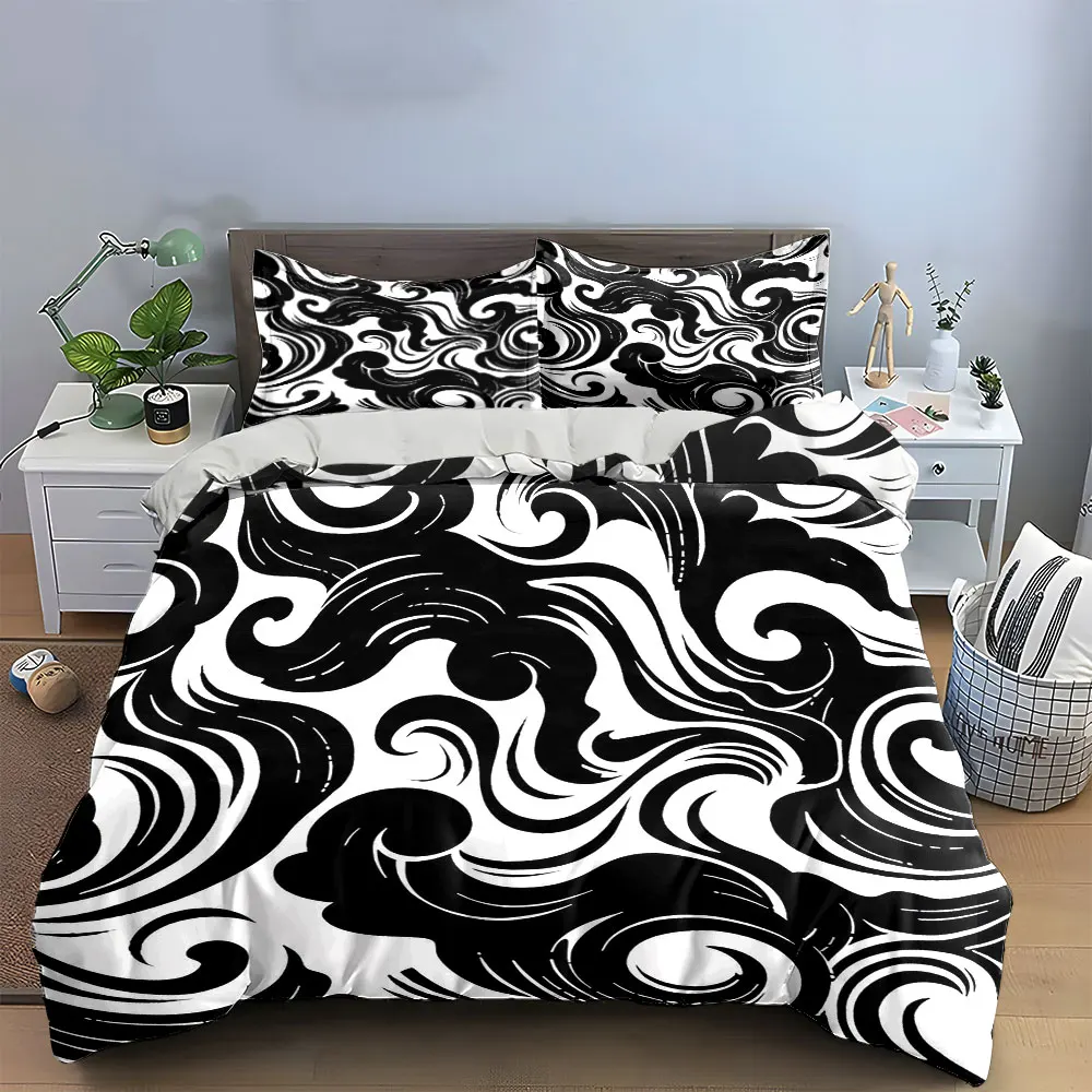 Abstract Black Swirl Decorative Set Bedding Set with 1 Duvet Cover 2 Pillowcases Single Double King Queen, Gift