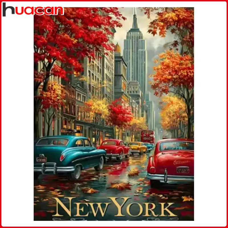 

HUACAN Wall Street New York Diamond Painting Autumn Leaves Falling Full Square Round Diamond Mosaic Wall Decor Craft Kit