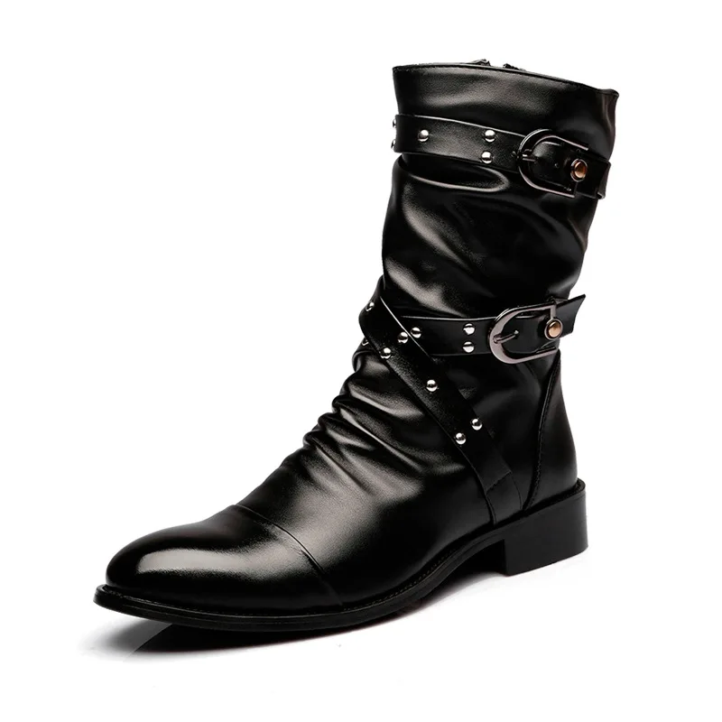 Autumn and winter British pointed high top leather shoes men's boots Korean version mid top fashionable fleece warm leather boot