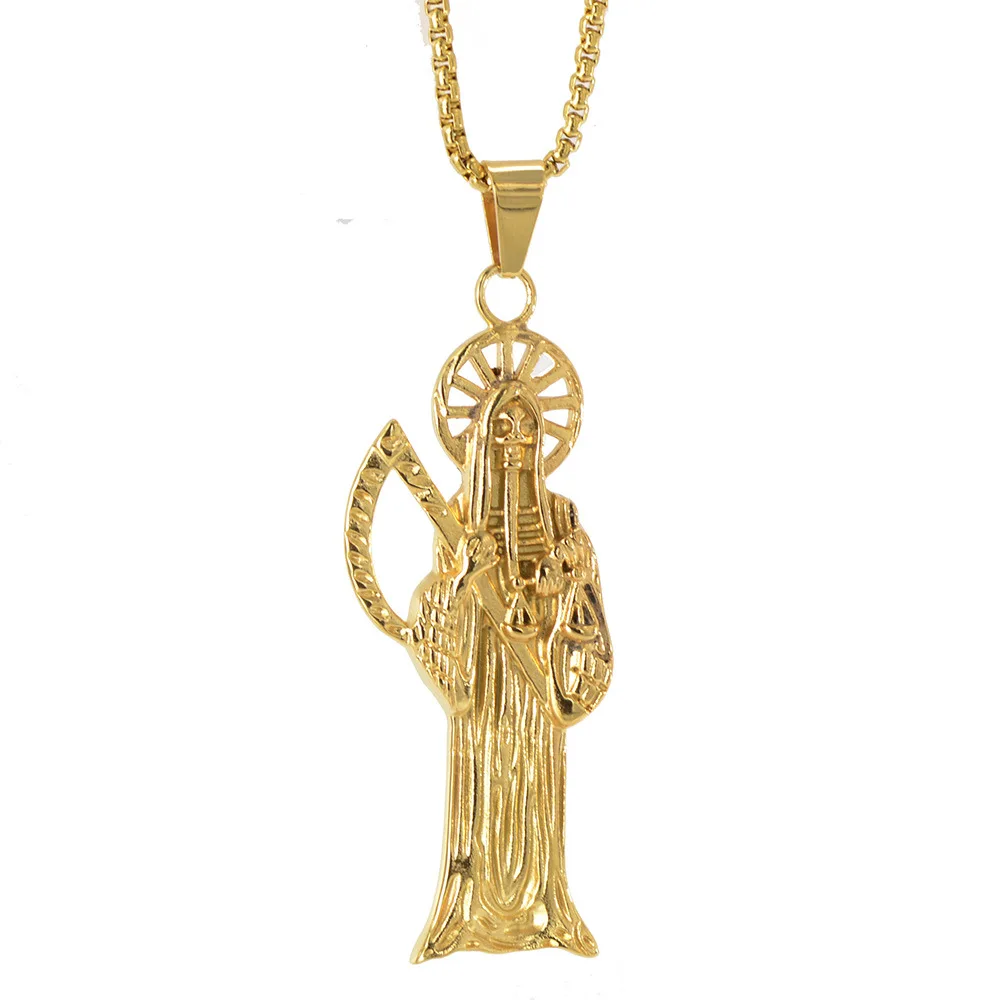 Hip Hop Vintage Holy Saint Death Santa Muerte big Skull Biker Pendant Gold color Necklace Stainless Steel Man Religious Jewelry