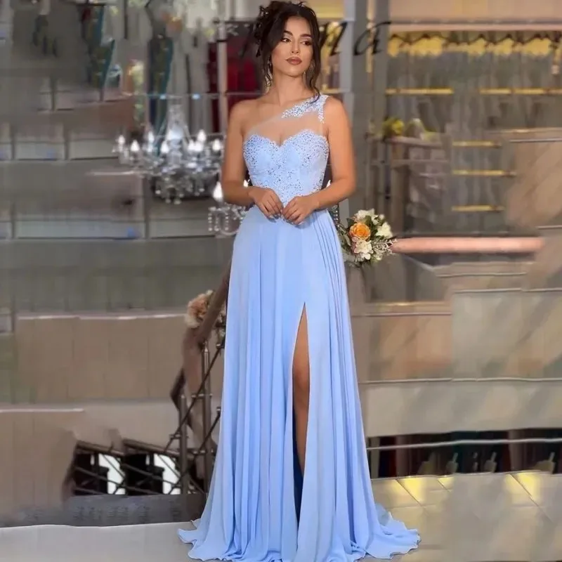 

2024 Light Blue Chiffon Evening Dress One Shoulder Lace Appliques Slit A Line Women Formal Prom Gowns Robe De Soiree Custom Made