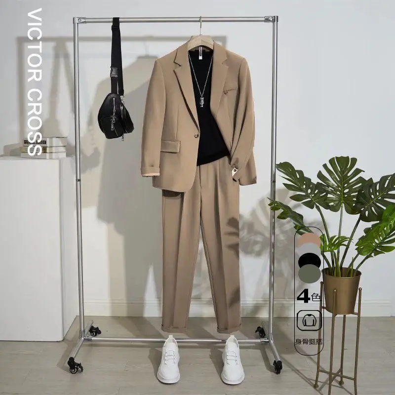 

Men Fashion Spring Autumn Business Casual Office Suits New Suit Set Men Trendy Summer Korean Men Pure Color Loose Two-piece Set