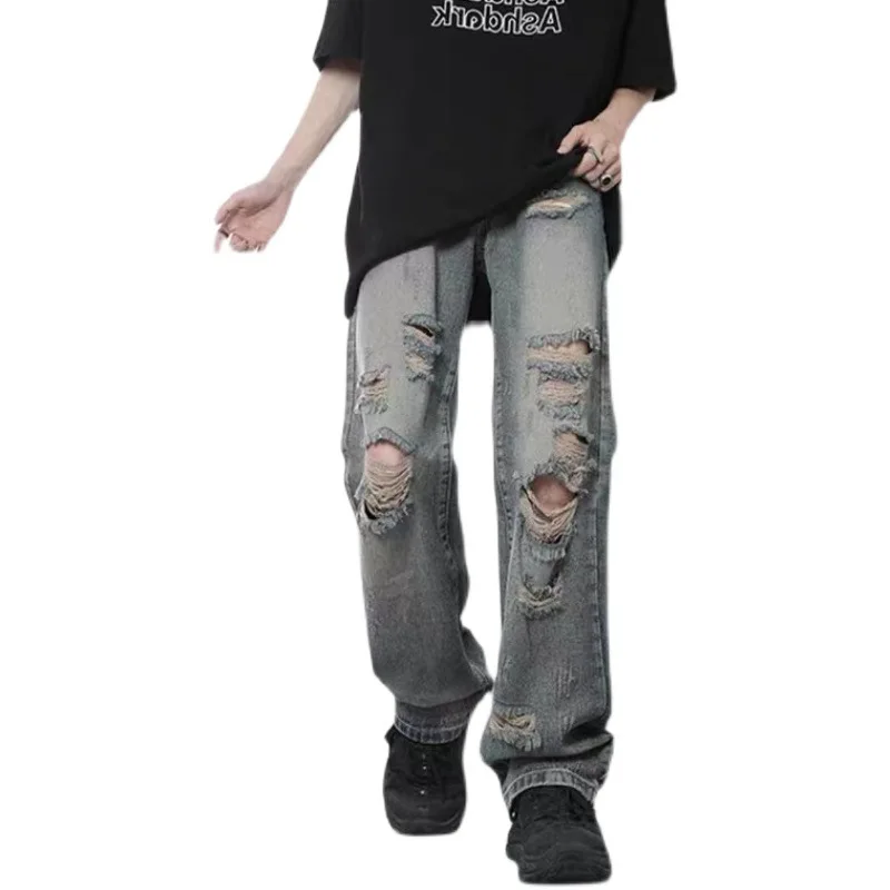 Man Pants Y2k Clothes Fashion Retro Baggy Jeans for Men New Washed Streetwear Ripped Jeans Loose Straight Leg Denim Men Trousers
