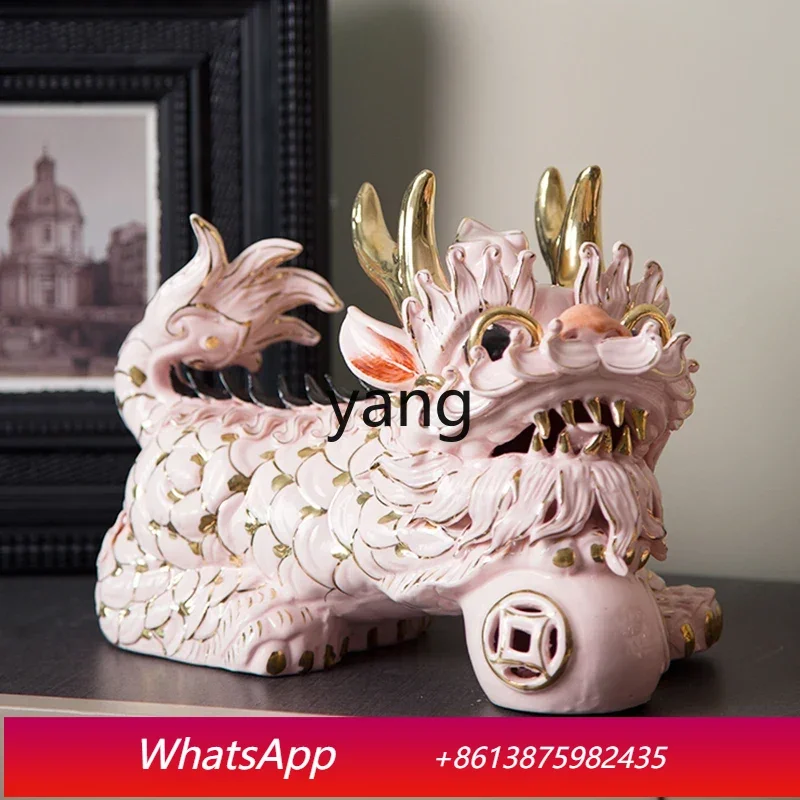 CX New Chinese Medieval Pink Ceramics Big Kirin Ornament High Sense Niche Art Lucky