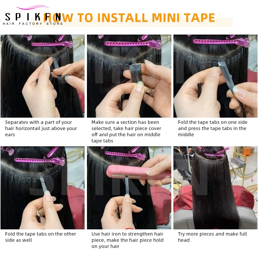 SPIKFN-Mini fita em extensões do cabelo, trama reta, pele invisível, adesivo, extensão do cabelo humano, 12-24 polegadas, 10 unidades/pacote