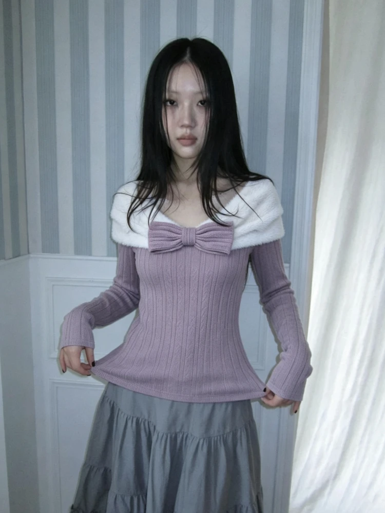 Ladies Y2K Harajuku Subculture Knitted Tops Casual Slim Long Sleeve Patchwork Tees Japanese Vintage Comfy Fashion Chic Clothing