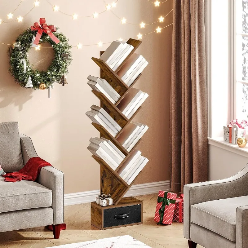 

Tree 9-Tier Bookshelf with Drawer, Floor Standing Bookcase, Utility Organizer Shelves for CDs/Books/Movies for Home Office