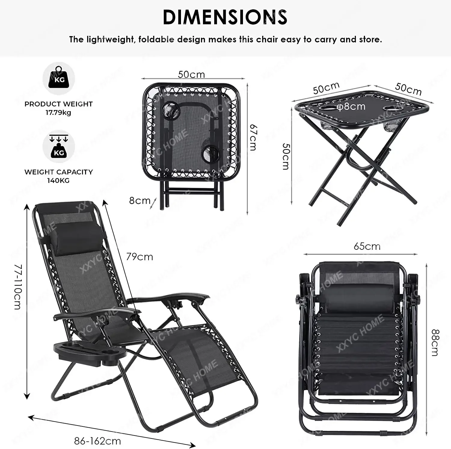 3Pcs Sun Lounger Set with Table,Pillow Outdoor Textilene Adjustable Zero Gravity Folding Reclining Lounge Chair, Garden Recliner