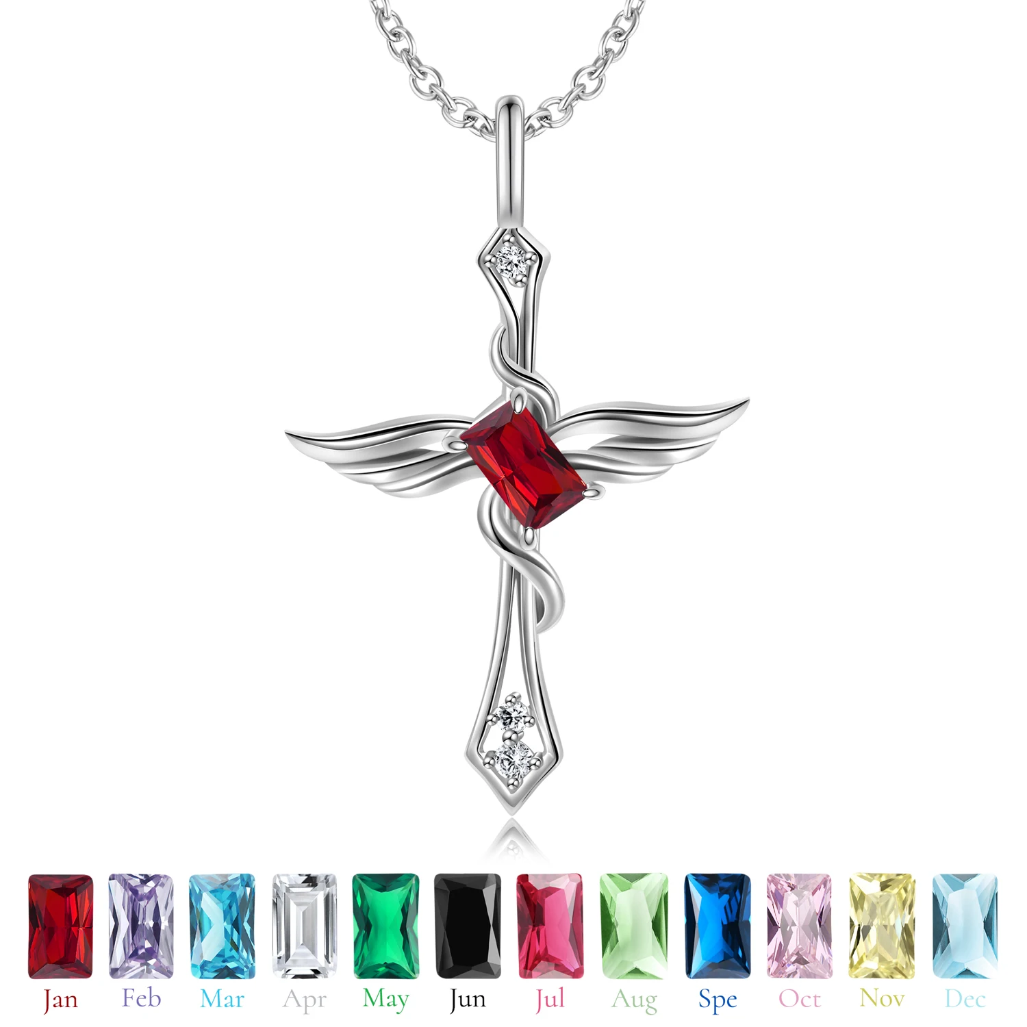 Jiuhao 925 Sterling Silver Twelve Birthday Stone Color Angel Wings Cross Pendant for Women Birthday Gift Fine Jewelry Necklace