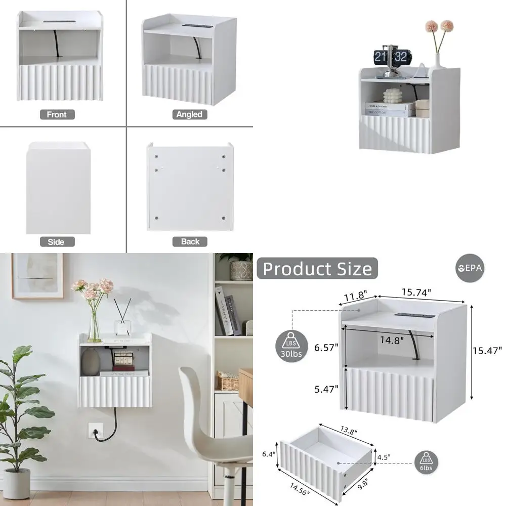 

Настенная рифленая тумбочка с выдвижным ящиком и полкой, минималистичный шкаф для хранения вещей для спальни (матовый белый)