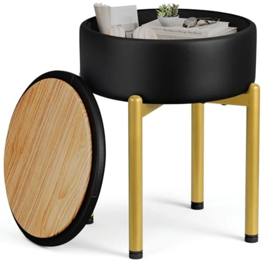 

18-Inch Leather Vanity Stool Chair with Storage Vanity Bench with 4 Golden Metal Legs and Anti-Slip Adjustable Feet Round Stora