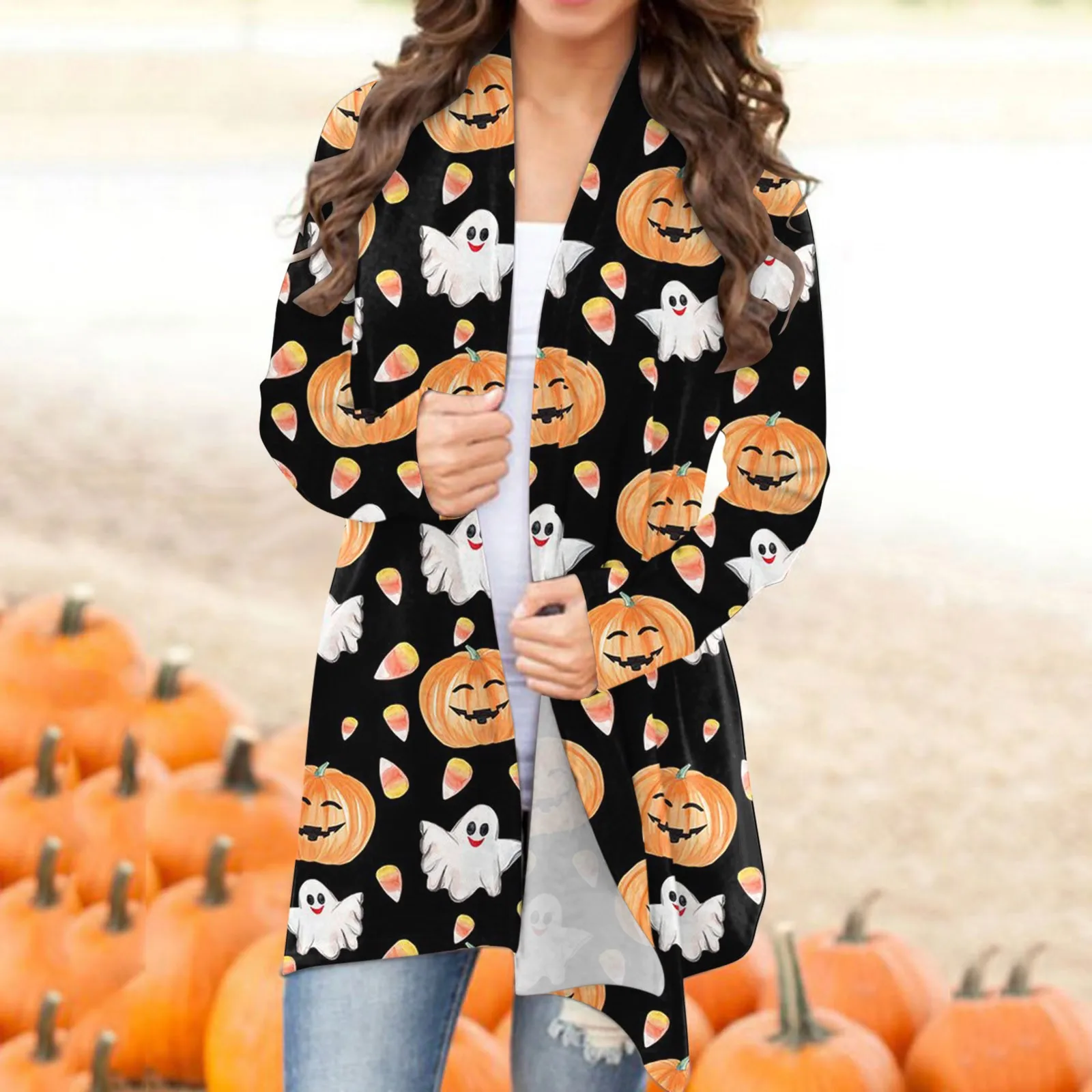 Pumpkin Ghost Cute Print Halloween Cardigan Women Long Sleeve Casual Holiday Jacket Loose Fit Shawl Collar Breathable Coat