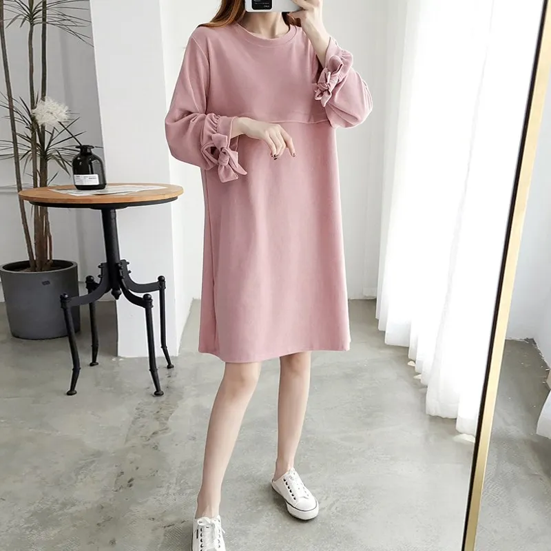 

Spring Autumn Maternity Dress Nursing Outfit Casual Cotton Polyester Blend Long Sleeve round Neckline Top for Breastfeeding M...