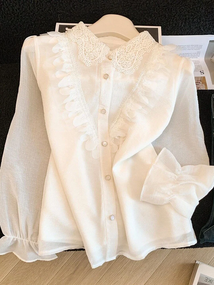 Ruffles Sweet Slim Shirt Women Fashion Lace Patchwork Elegant Fall Blouse Casual Chic Female Long Sleeve Ins All Match Ins Tops