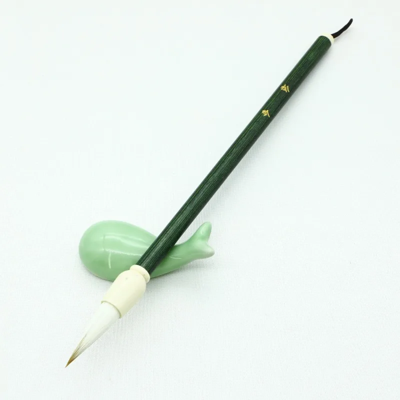 

High-grade Green Sandalwood Pen Holder Wolf Sheep and Hair Brush Running Script Regular Script Seal Script Official Script