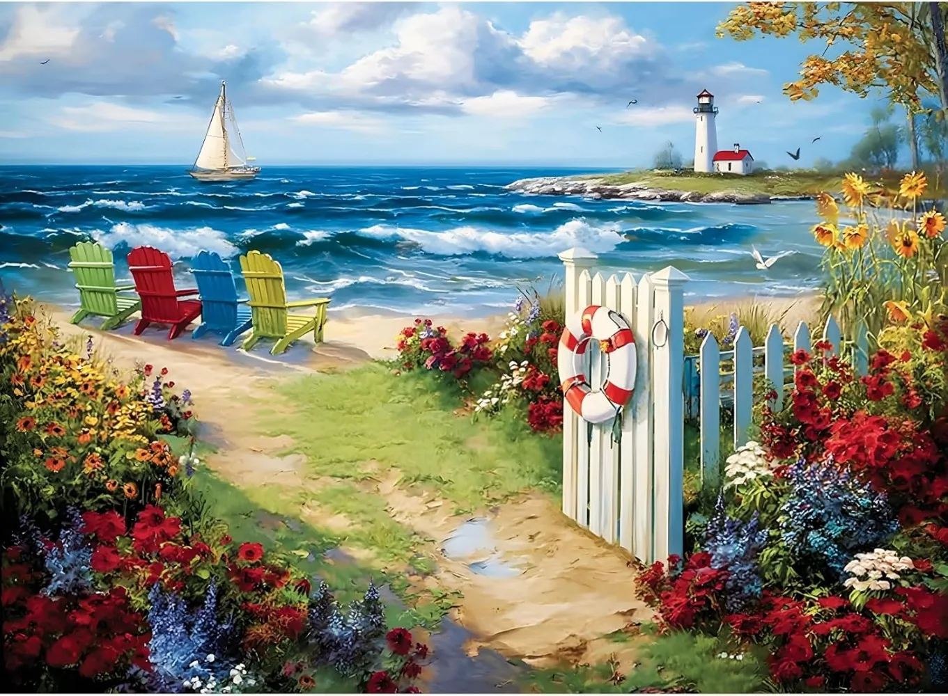 

BeachSeaside Flowers Lighthouse 1000/500/300/120 Pieces Jigsaw Puzzles for Adults Challenging Family Fun Educational Toys Game