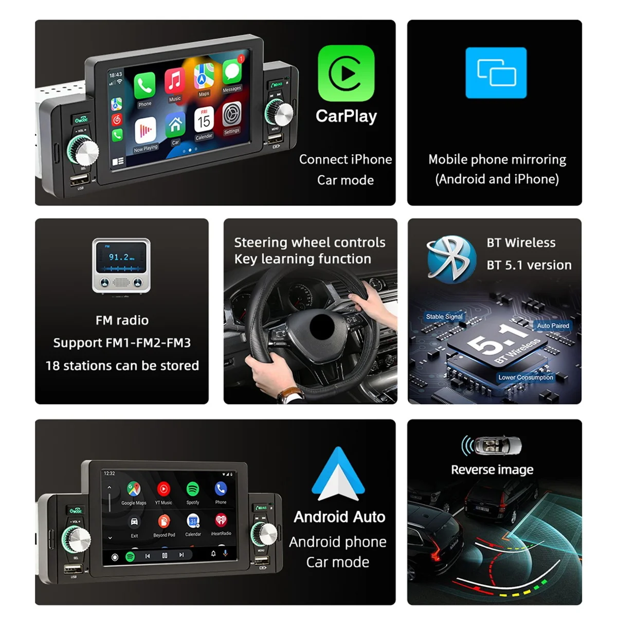 

1 Din 5 Inch Car Radio Car Stereo Bluetooth MP5 Player with for Apple CarPlay Android Auto TF USB FM Touch Screen B