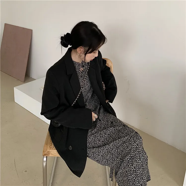 Spring and Autumn 2024 New Korean Style Loose Mid-length Suit Jacket Double-breasted Blazer Long-sleeved Office Lady Suit Top