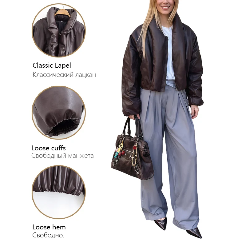 Womens Cotton Jacket With Stand Collar Oversized Leather Design Zip Up Cotton Jacket Stylish And Versatile Winter Essential