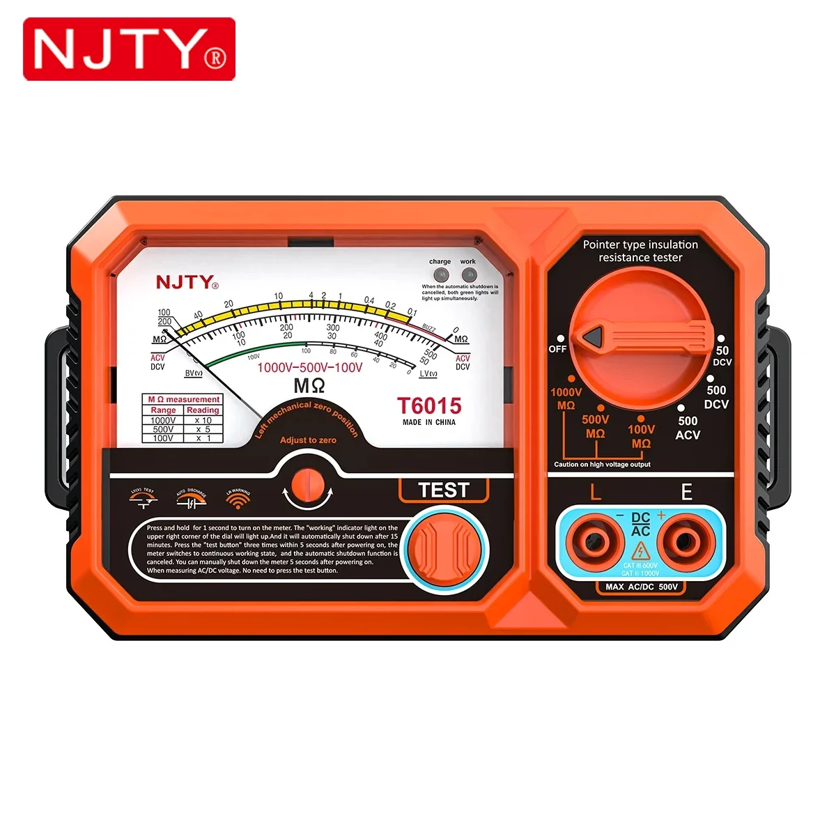 NJTY T6015 Pointer Insulation Resistance Meter AC/DC Voltage Detect 2000MΩ USB Rechargeable Megohmmeter for Electrical Testing