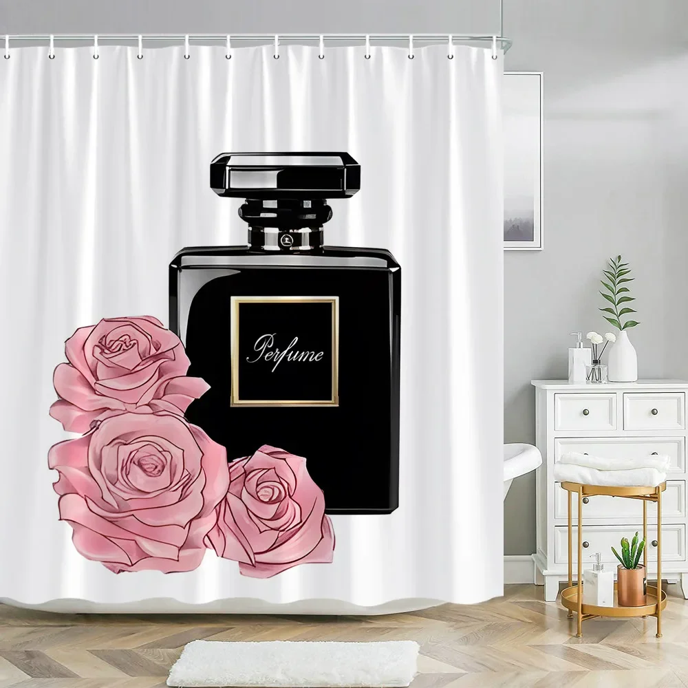 Cosmetic Perfume and Floral Shower Curtain and Rug Bathroom Set Flowers Heels Lipstick Home Cloth Hanging Curtain Bathroom Decor