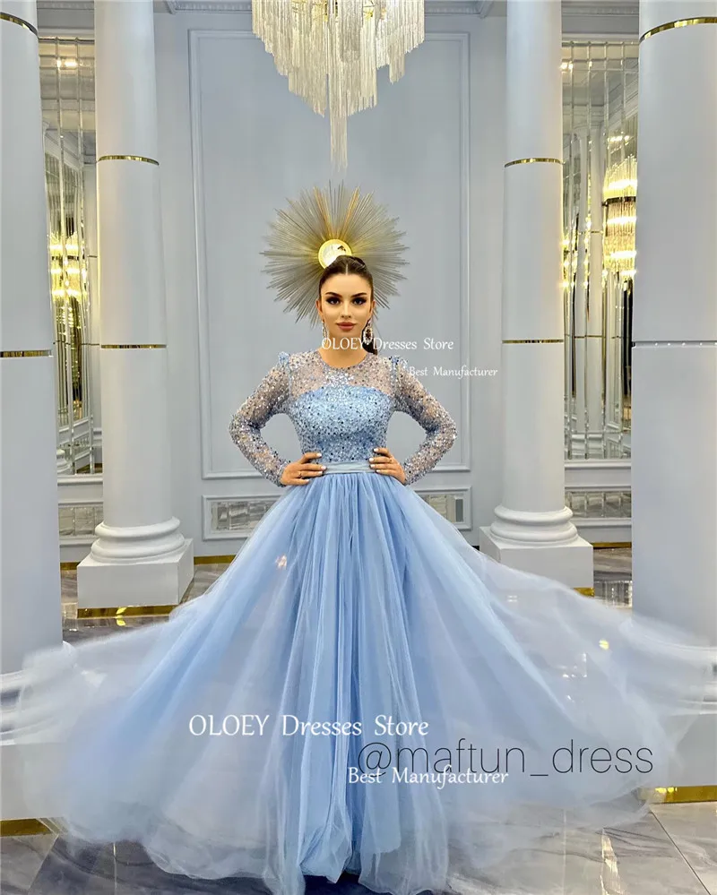 OLOEY gaun malam biru langit terang berkilau gaun malam lengan panjang leher-o Tulle Dubai gaya Arab untuk wanita Prom acara Formal sederhana