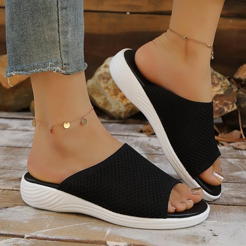 Women's Knitted Breathable Mesh Slide Sandals Soft Flat Sandals with Open Toe Platform Non-Slip Light Casual Summer Beach Shoes