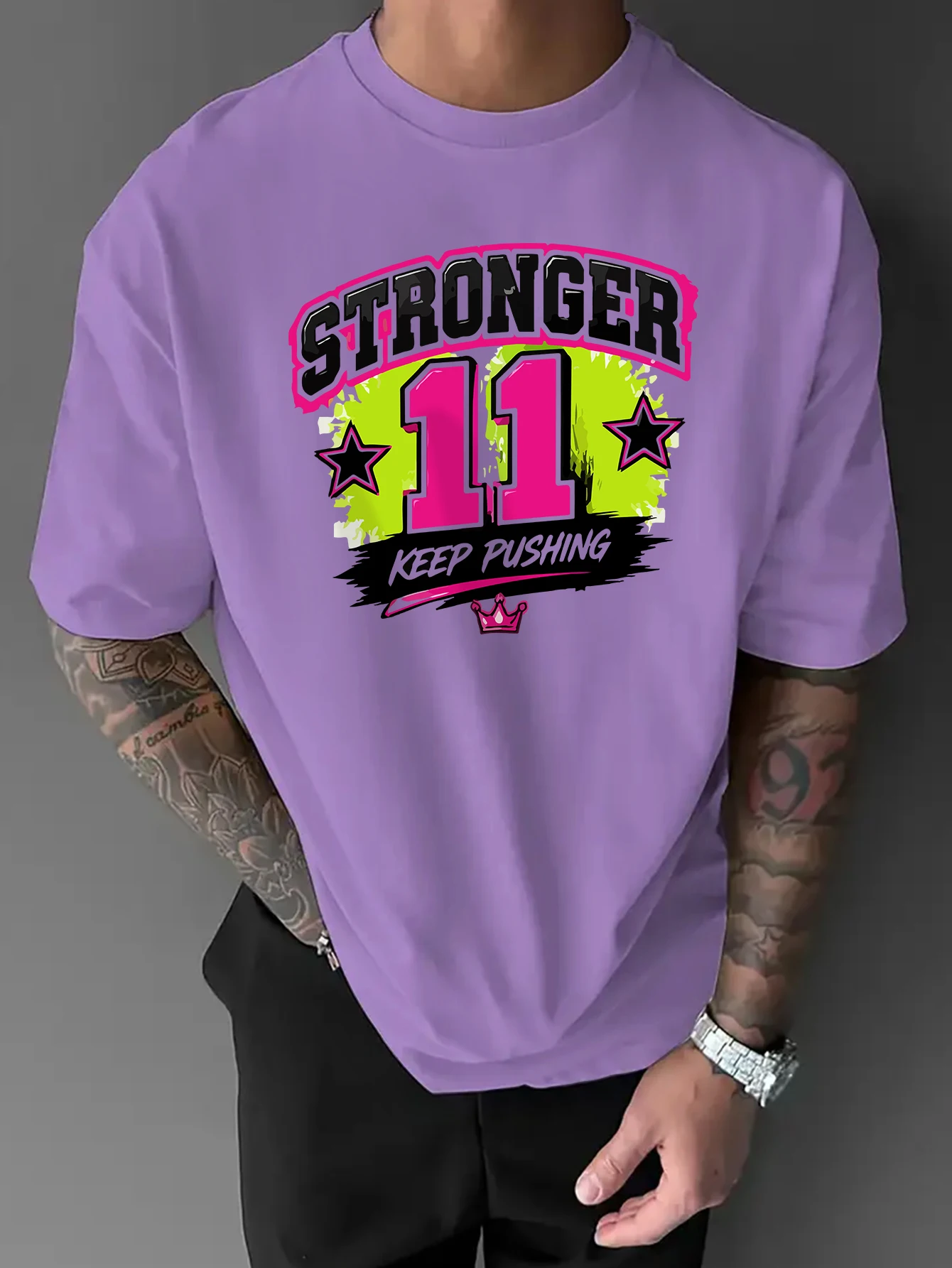 Stronger 11 Crown Star Motivational Print Oversized T-shirt Men 100% Polyester Varsity Hip Hop Unisex Short Sleeve Tee