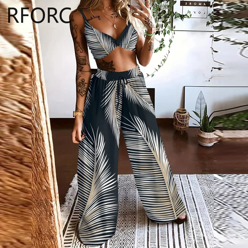 

Women Allover Print Straps Bra Top & Wide Leg Pants Two Pieces Vacation Pants Sets