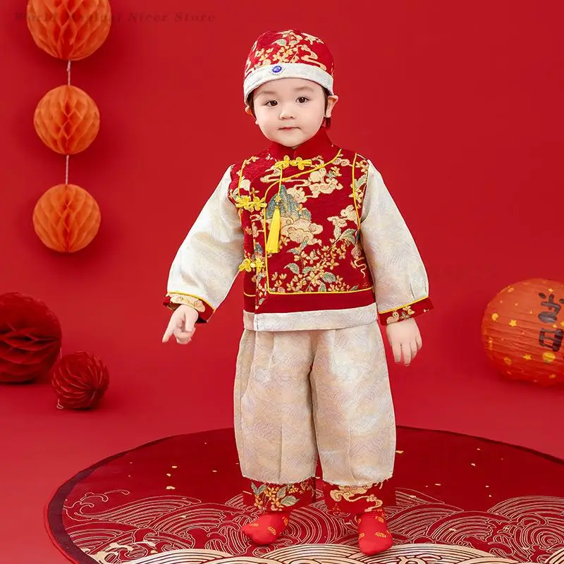 Baby Boy Red Jacquard Tang Suit Set Mandarin Collar Vest Long Sleeve Shirt Trousers And Hat Infant 1 Year Old  Photo Outfit