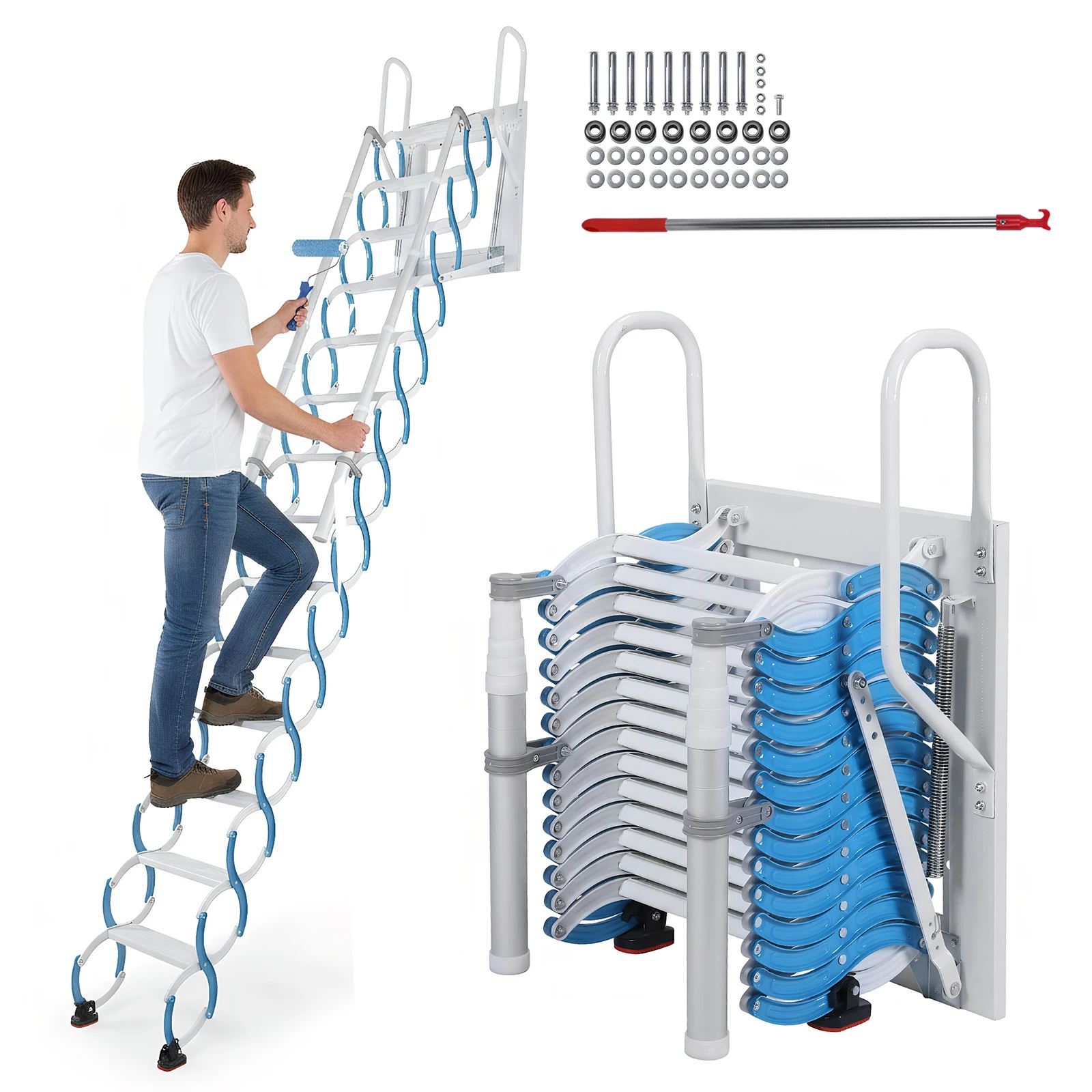 

Ceiling Mount Attic Ladder Hidden Retractable Loft Ladder Applicable Height 12.46in 14 Steps Suitable for Garages Roofs Basement