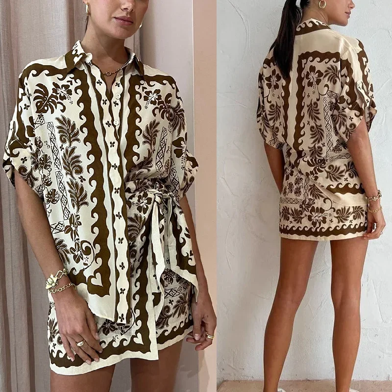 Summer Lady Home Beach Suit Women Prairie Chic Pattern Print Set Casual Loose Lapel Button Shirt Tops and Mini Hip Skirt Outfits