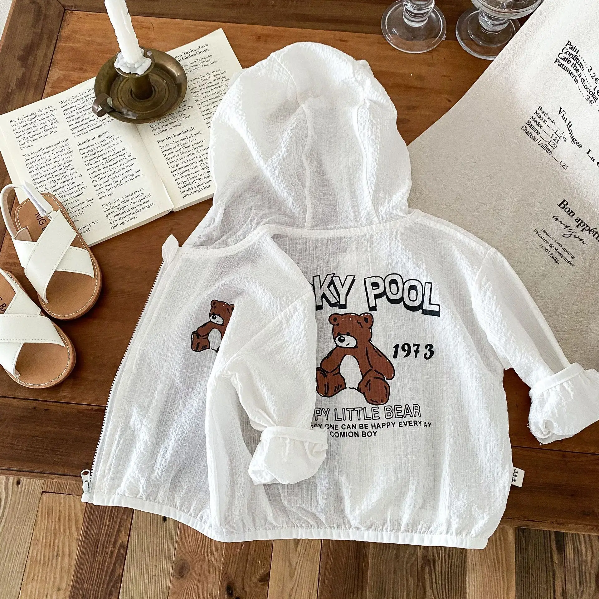 Childrens Boys Cartoon Air-conditioned Shirt Summer Bear Hooded Baby Boys Lightweight Jacket Sunscreen Toddler Boy Thin Coat