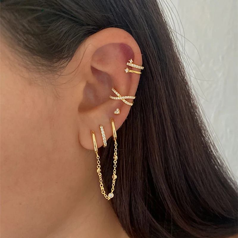 TIANDE Gold Color Double Loop Chain Drop Earrings for Women Fine Zircon Ear Cuffs Hoop Earrings Fashion Party Jewelry Wholesale