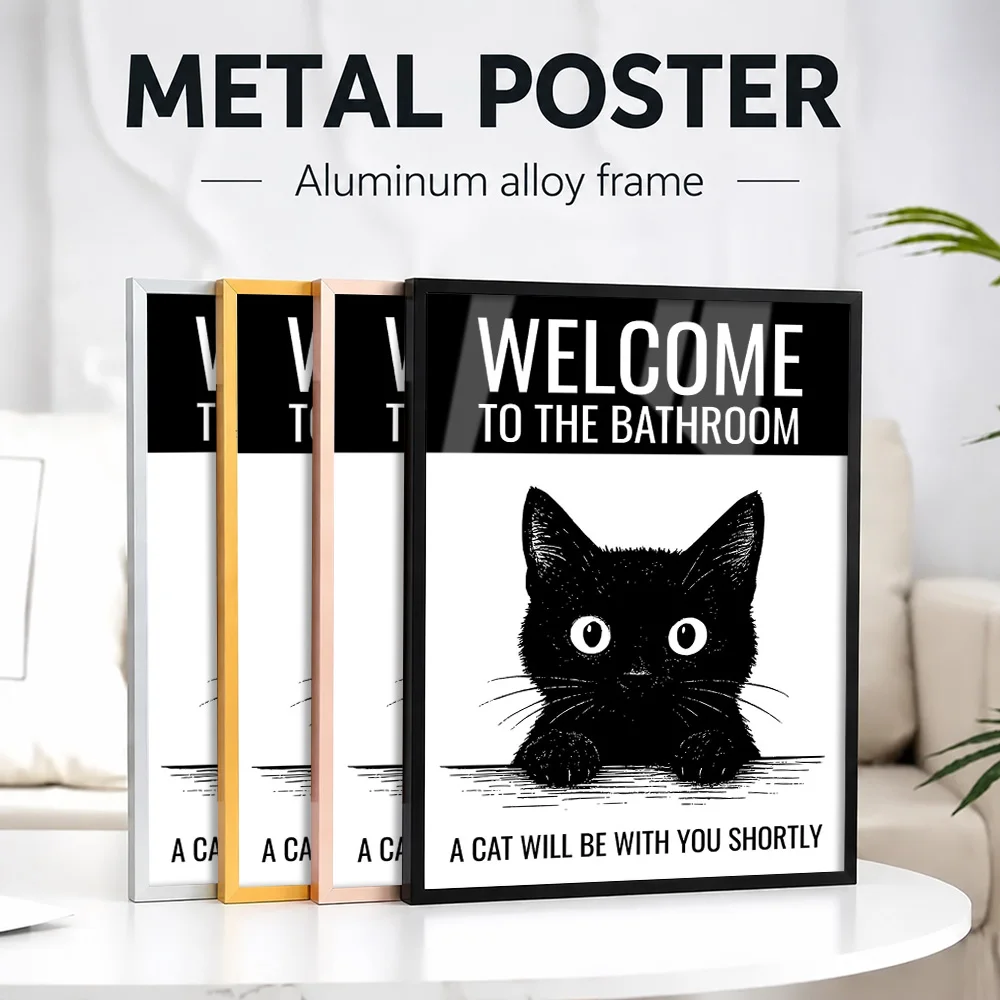 Welcome To The Bathroom Black Cat Cute Framed Metal Print Personalized Photo Humorous Visual Style Wall Art For Guest Washroom