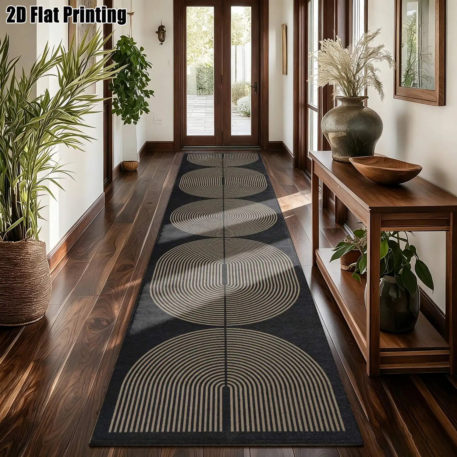 1Pc 2D Printed Long Strip Runner Rug: Nordic/Instagram/Modern Minimalist Geometric Line Rug, Black Base Beige Pattern, Machine Washable, Suitable for Entryway, Hallway, Living Room, Bedroom, Home Decor, Multiple Sizes