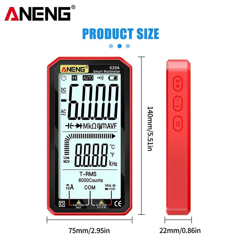 ANENG 620A 6000 Counts True RMS Smart Multimeter Auto-Ranging AC/DC Voltage Current Capacitance Temp Resistance Tester