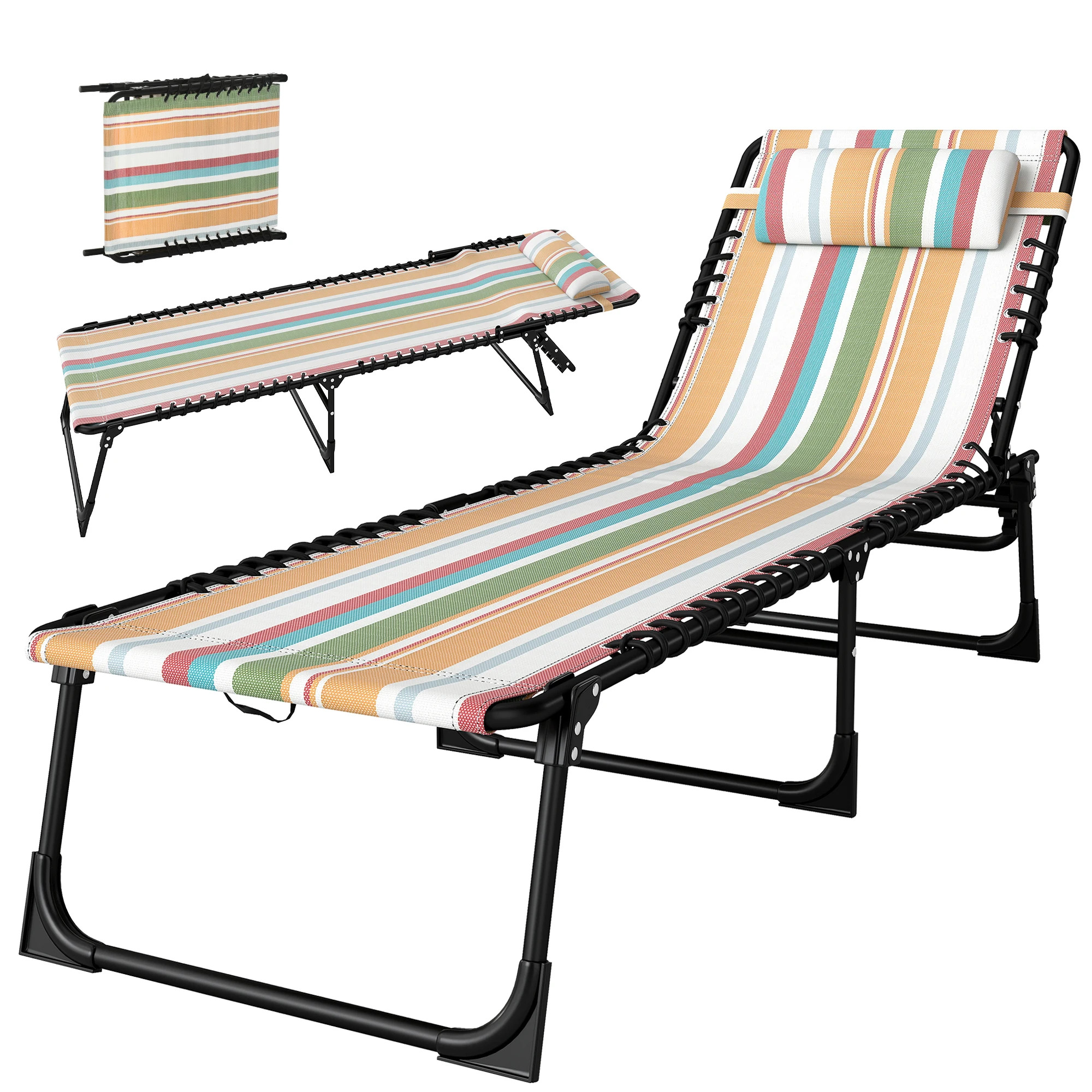 

Folding Mesh Lounge Chair 4-Position Recline with Footrest Lightweight Portable for Camping Beach Pool 264 Lbs Rainbow Striped