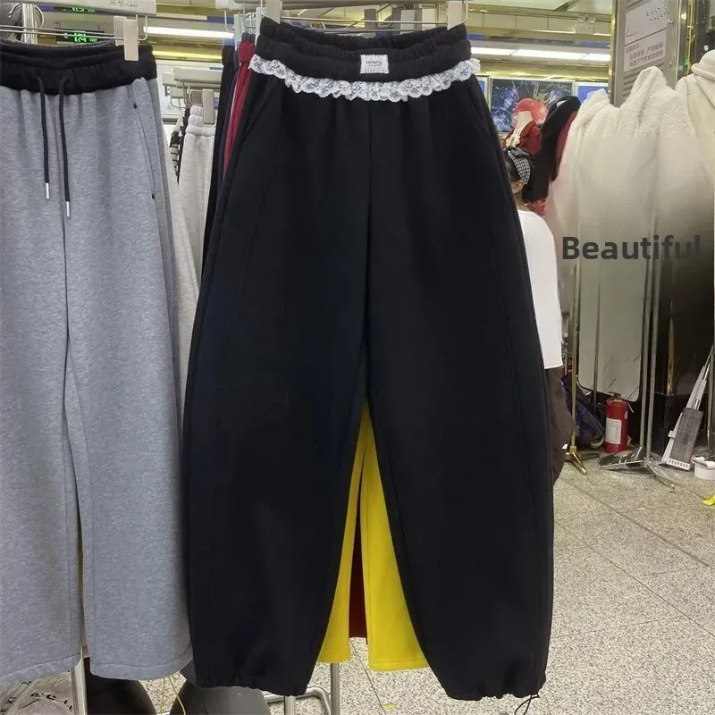 

Bla Fce Lined Thiened Lace Splicing Loose Slimming Casual Pants 2025 Autumn Winter New Sle Personali Matchable Cuf...