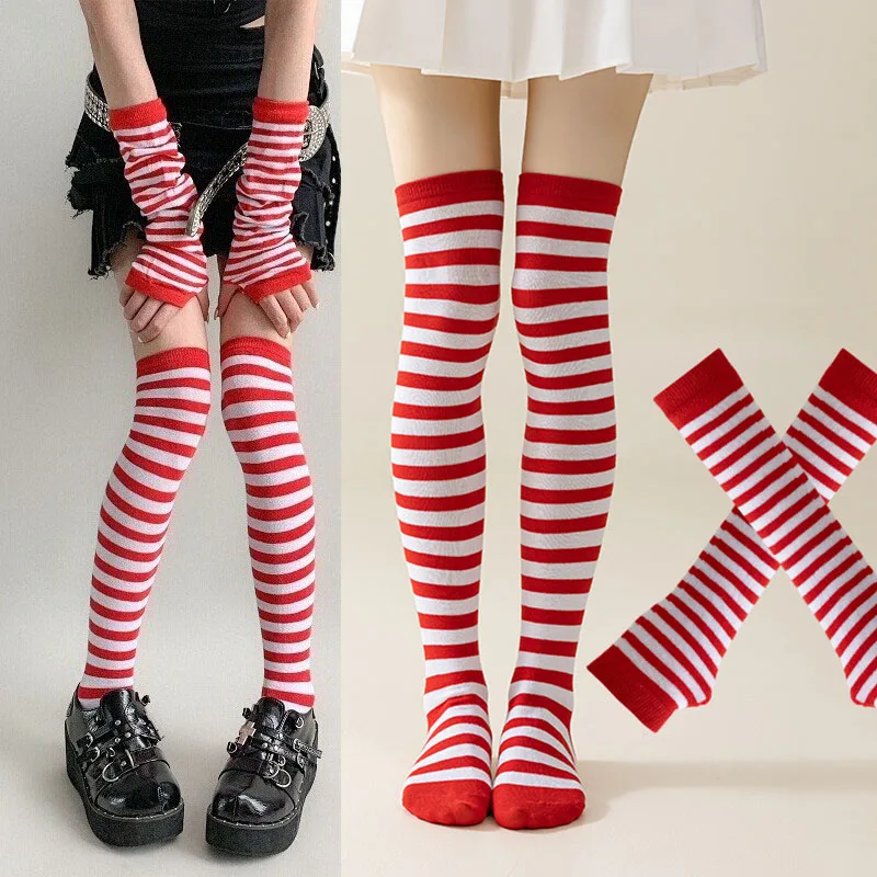 1 Set Women Girls Over Knee Long Stripe Printed Thigh High Cotton Socks Arm Sleeve Gloves Sweet Cute Plus Size Overknee Socks