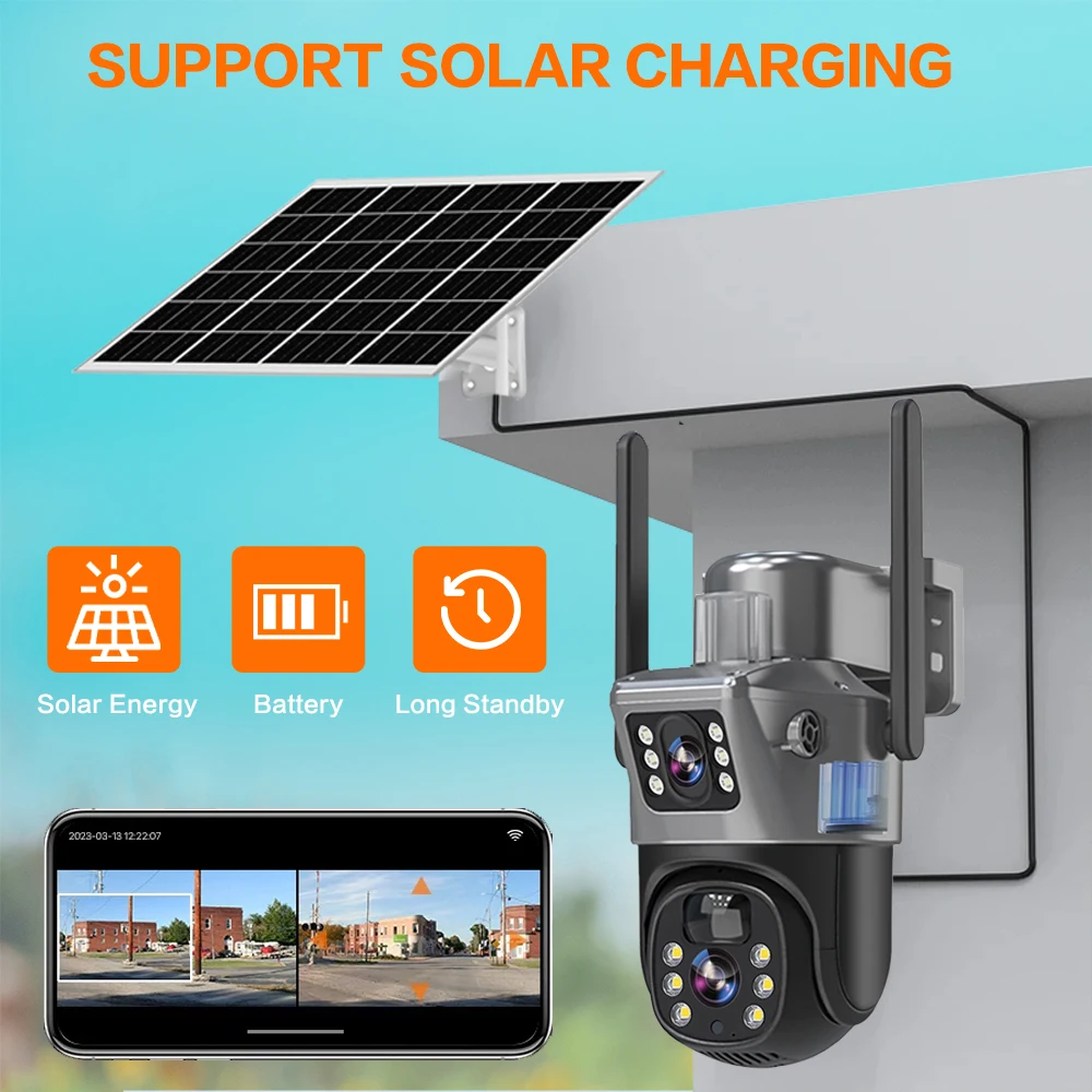 Cámara PTZ con batería Solar 4K de 8MP, tarjeta de doble lente, pantalla Dual, protección de seguridad al aire libre, seguimiento automático PIR, CCTV, regalo gratis, Sim 4G