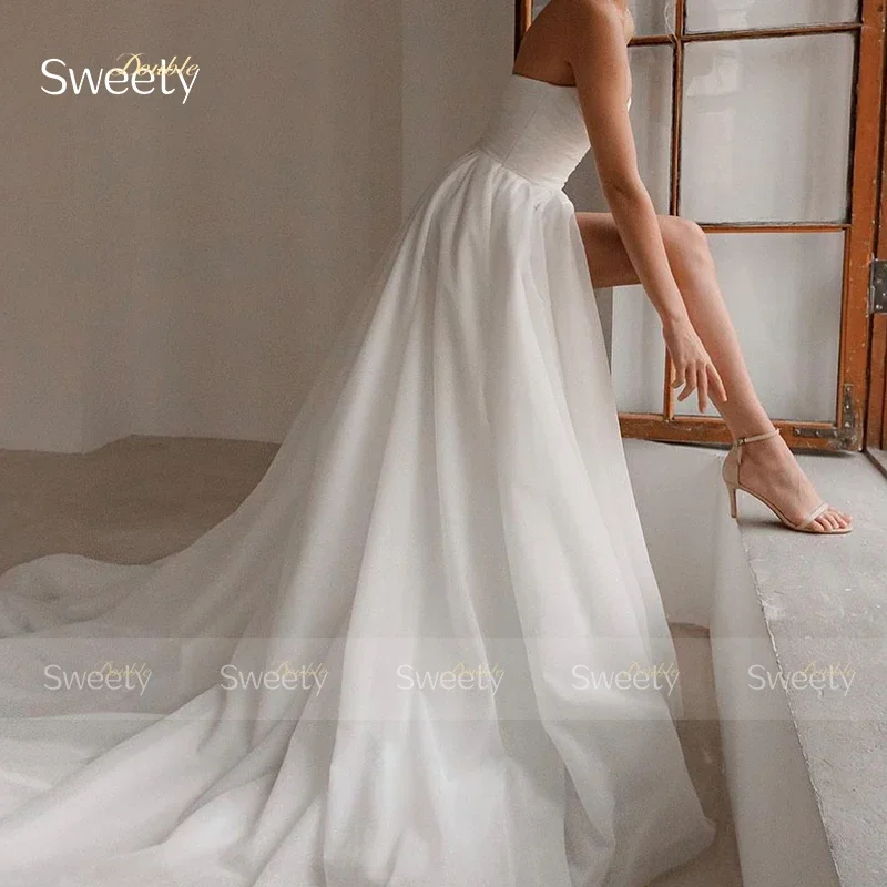 Simplicity Wedding Dress Slit A Line Ball Gown Ruffled Organza Beach Strapless Sleeveless Bride Dress Back Button Robe De Mariee