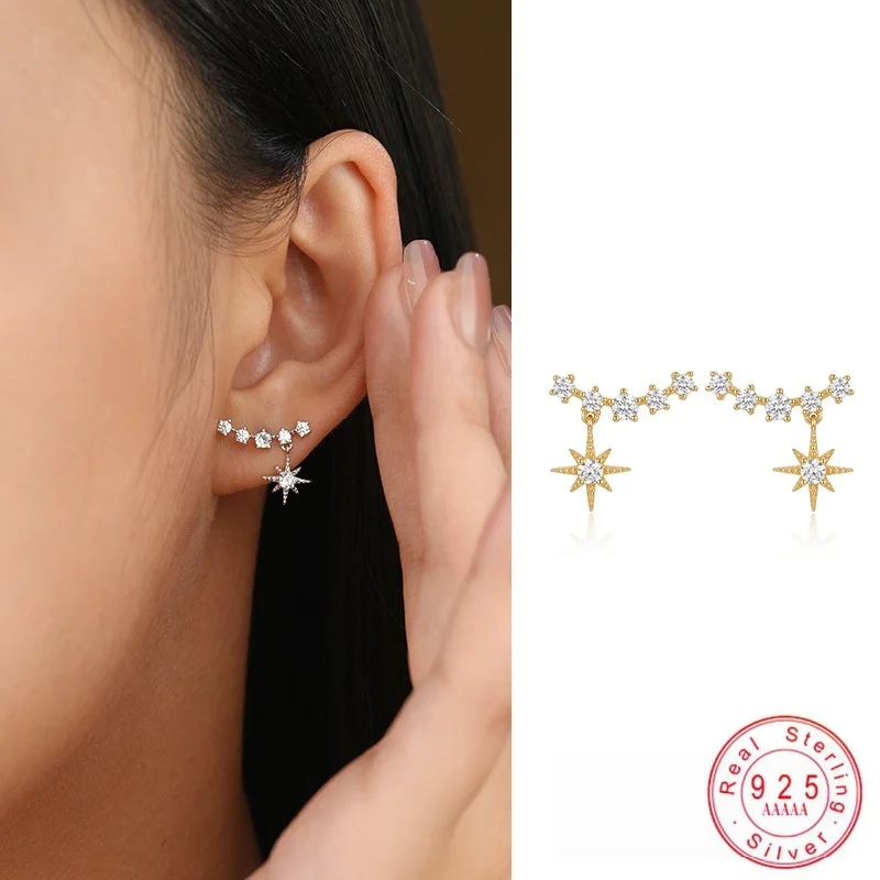 925 Sterling Silver Starburst Cubic Zircon Ear Climber Earrings For Women Sparkling CZ Crawler Stud Earrings Fine Jewelry