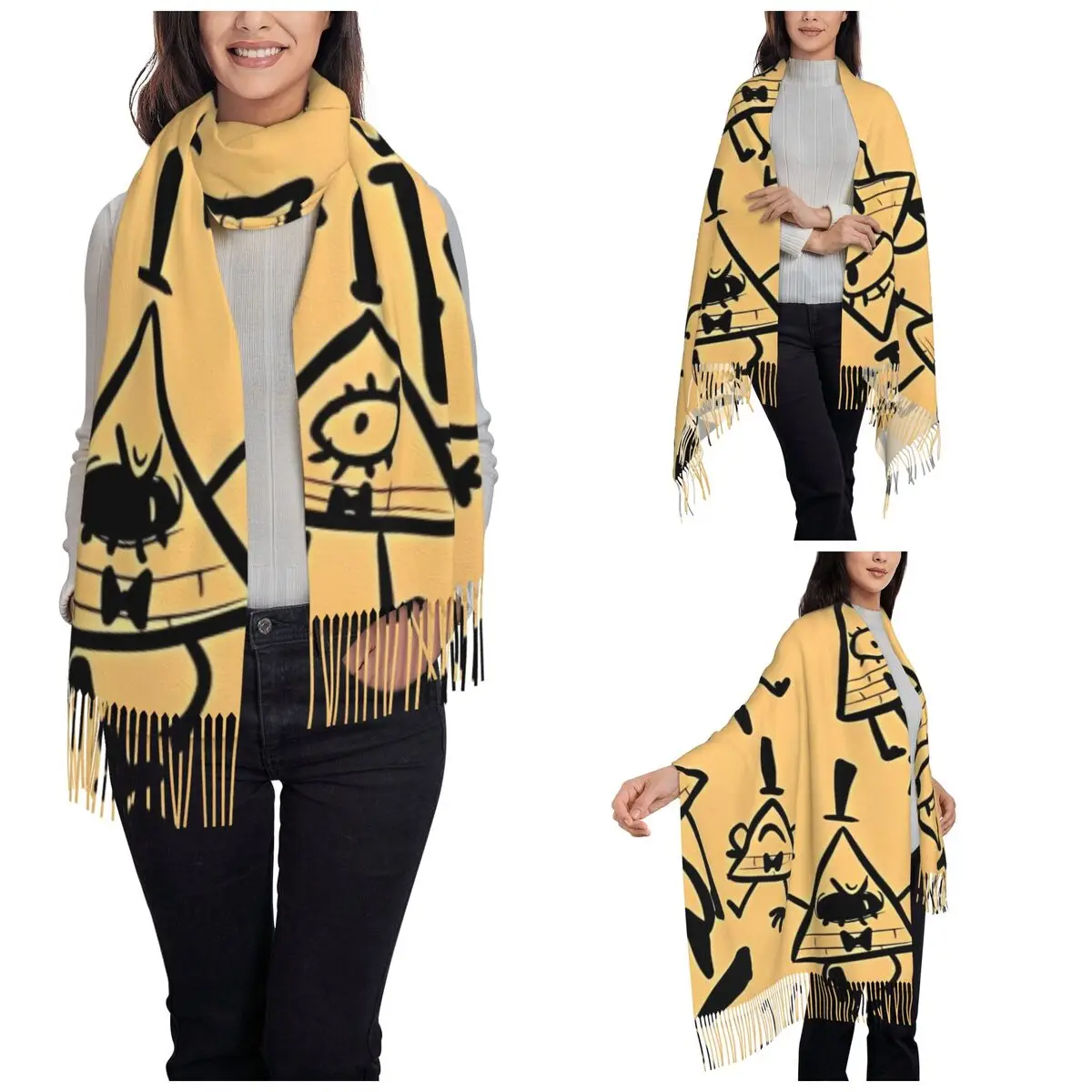 Womens Tassel Scarf Gravity Falls Bill Cipher Long Winter Fall Shawl and Wrap Cartoon Anime Gifts Cashmere Scarf